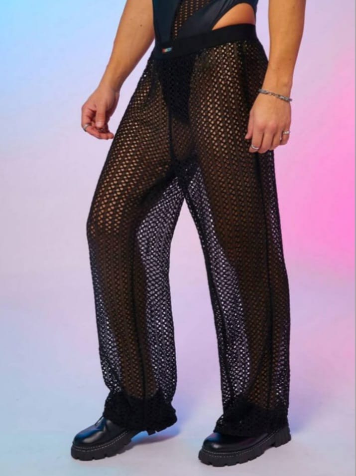 Men's Wide-Leg Loose Fit Mesh Embroidered Trousers Lounge Pant